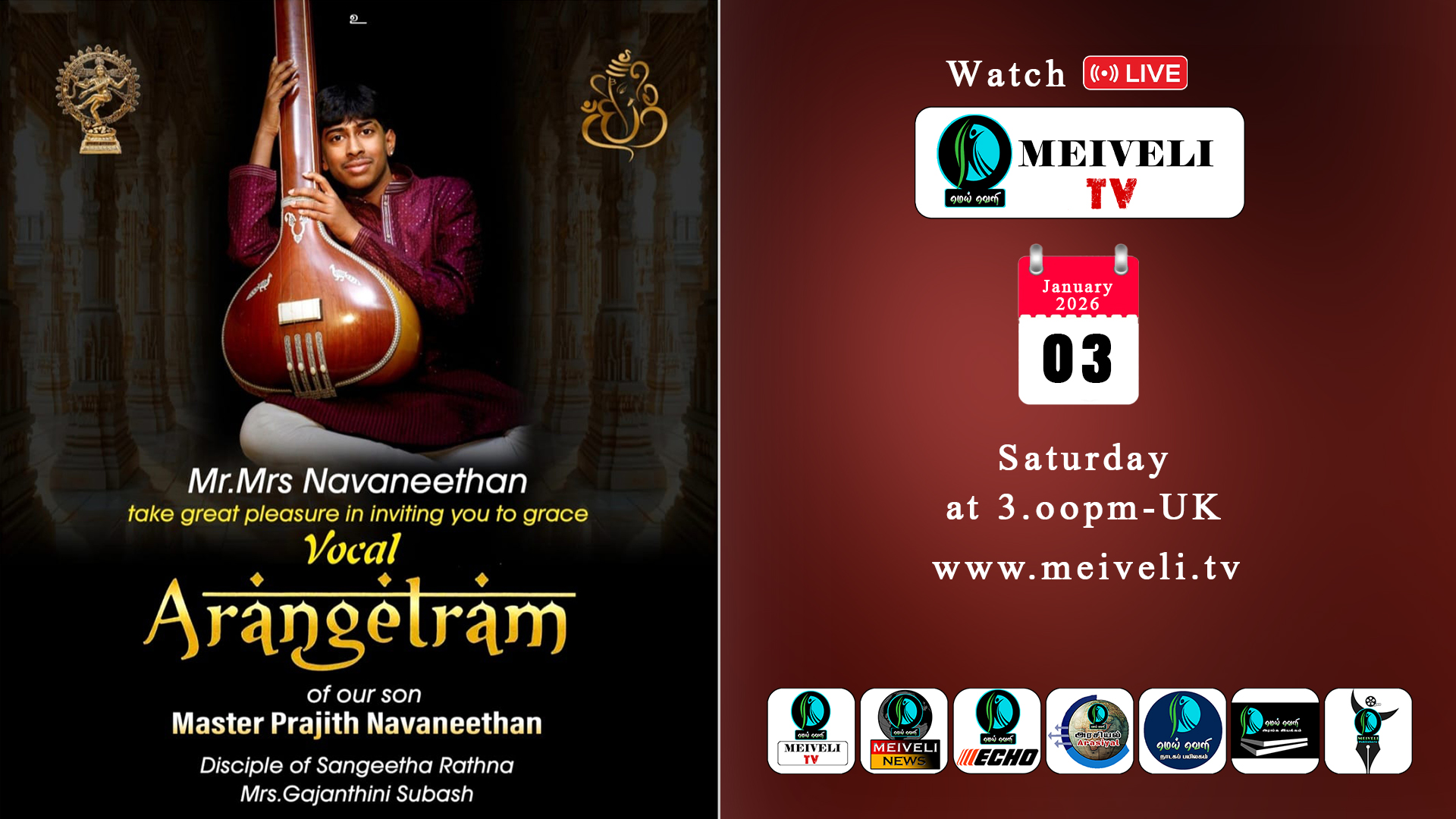 Navaneethan Vocal Arangetram of Master Prajith Navaneethan - LIVE - Meiveli TV
